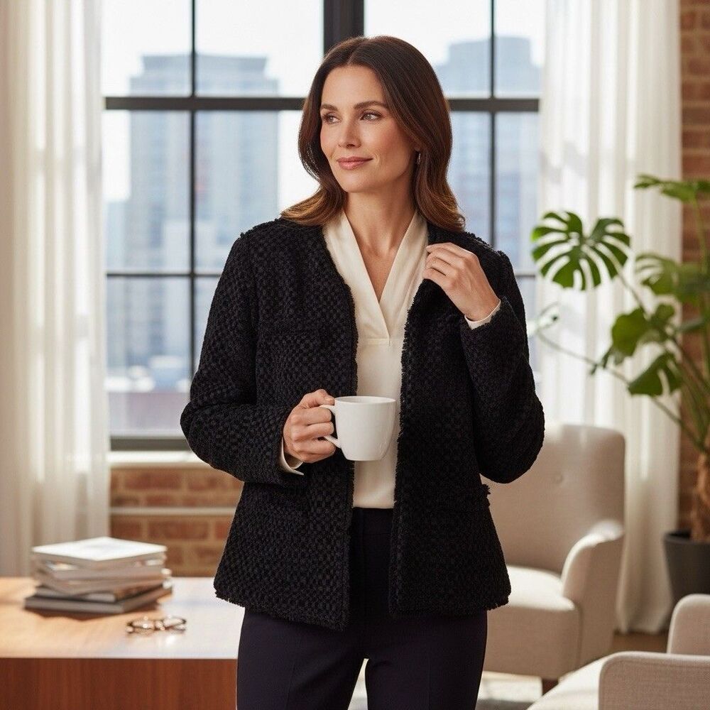 Hunter Bell New York Coco Tweed Jacket Size 4 Black Wool Nylon Open Front $565